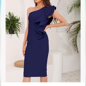 New Bodycon Midi Elegant One Shoulder Ruffle Bandage Wrap Dress Formal L 8 40